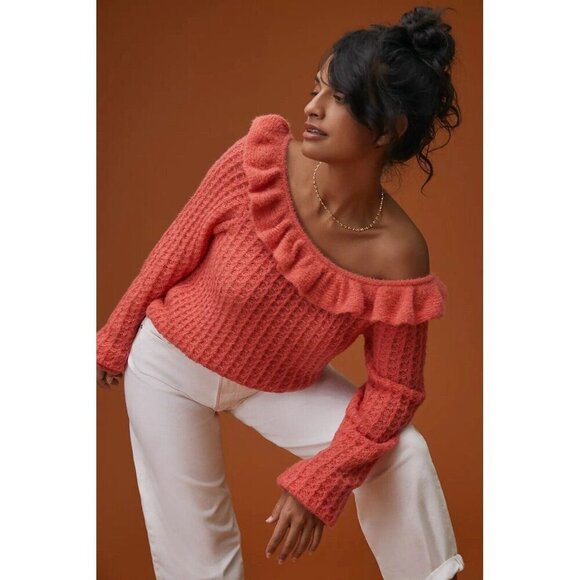 Anthropologie Sweater Ruffled Open Neck Jumper Cozy Soft Coral Pink Waffle Knit - Picture 1 of 14
